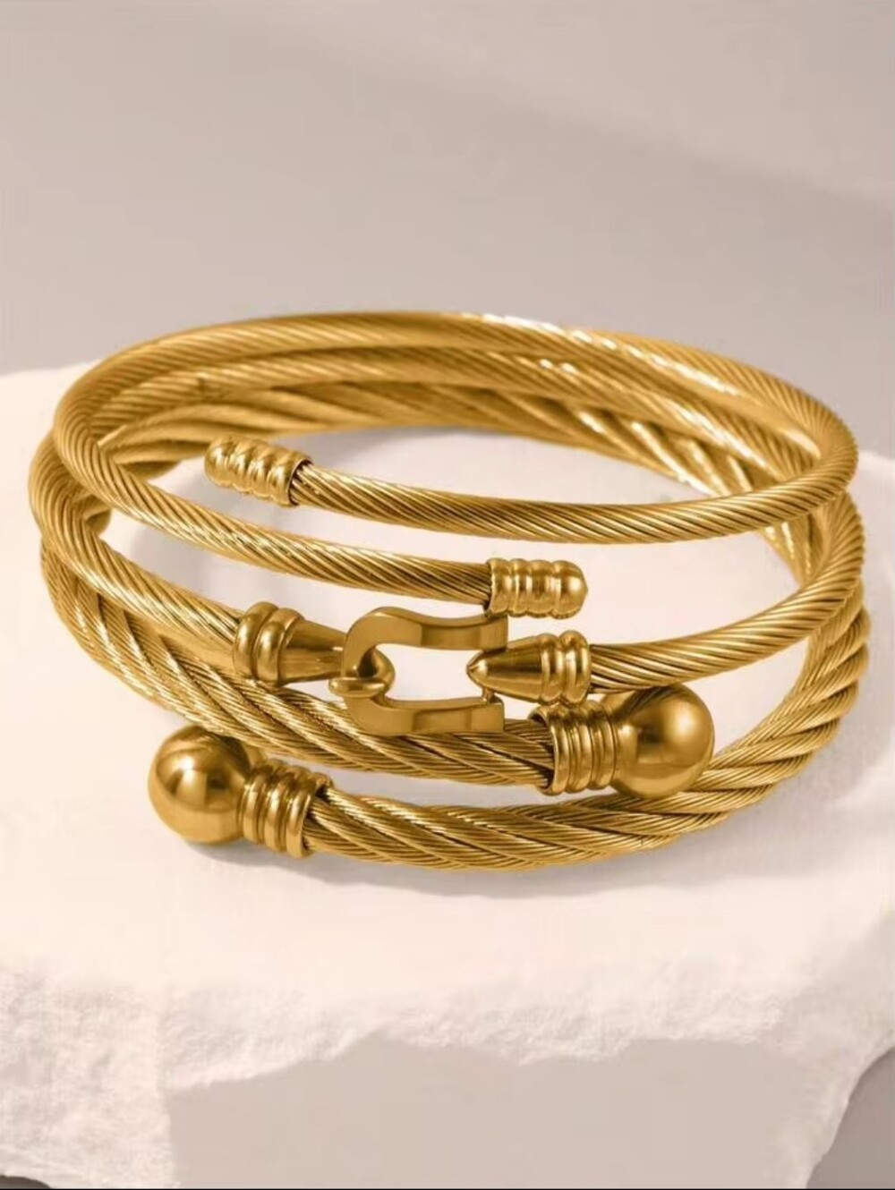 Gold-Tone Twisted Cable Multi-Coil Bracelet with Hook Accent 3 Piece Set